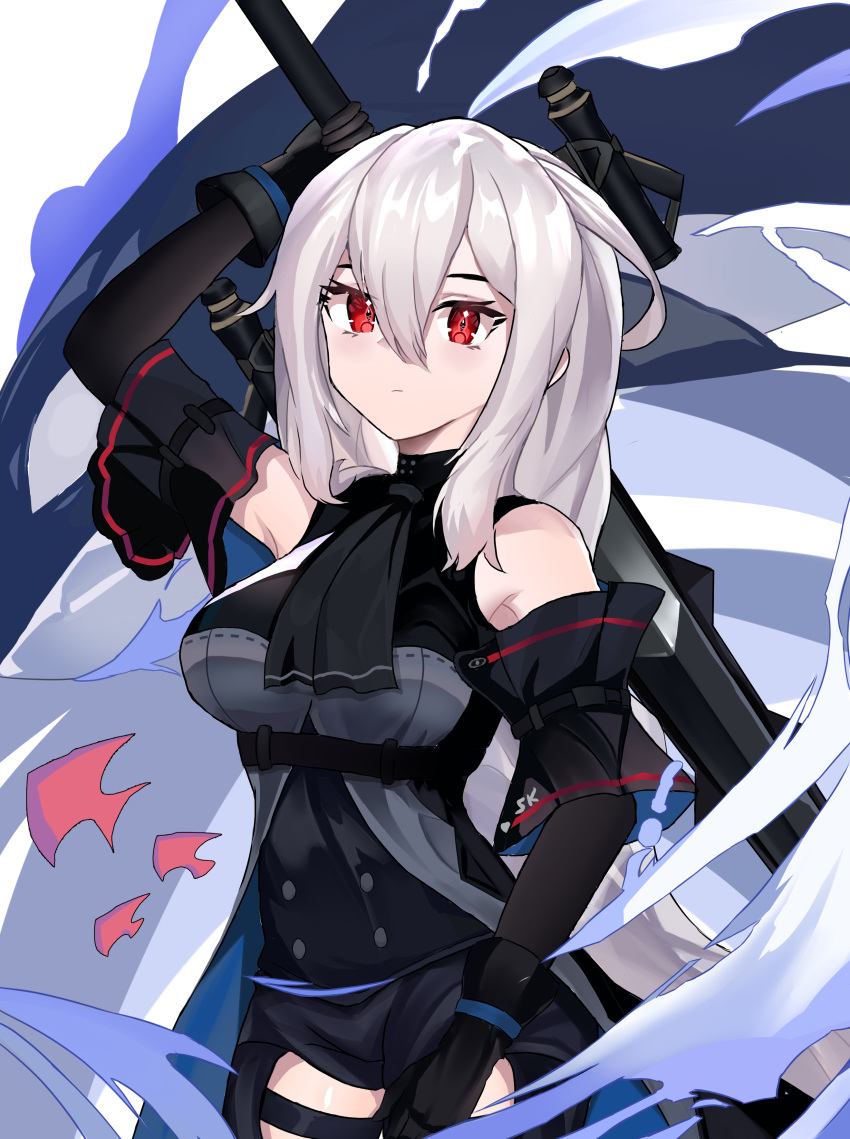 1girl, absurdres, arknights, arm_up, ascot, bangs, bare_shoulders, black_gloves