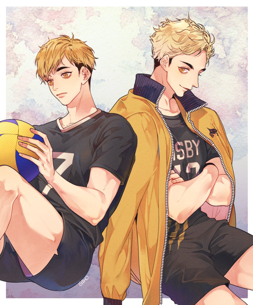 2boys, ball, bangs, blonde_hair, border, crossed_arms, dual_persona, haikyuu!!, highres, holding, hqgeo55, jacket, jacket_on_shoulders, looking_at_viewer, looking_away, male_focus, miya_atsumu, multiple_boys, older, simple_background, sitting, smile, sportswear, time_paradox, volleyball_uniform, yellow_eyes