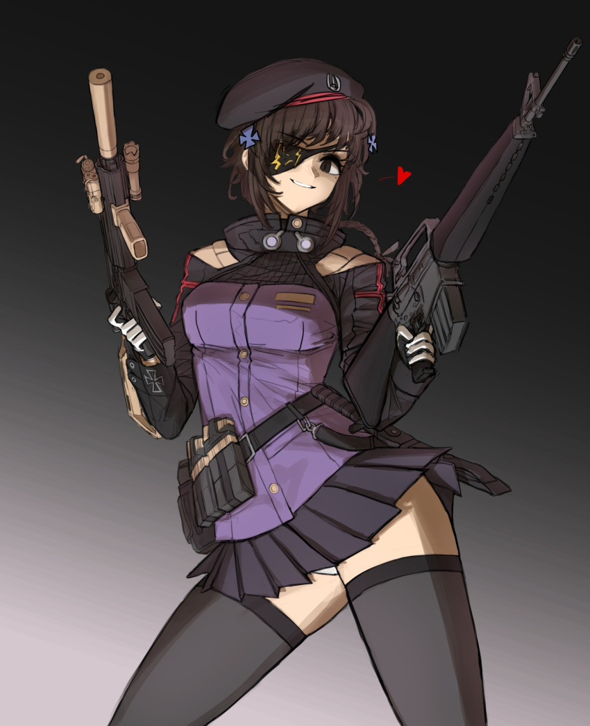 1girl, 416_day, absurdres, assault_rifle, beret, cheogtanbyeong, cosplay, dual_wielding, eyepatch, girls_frontline, gun, h&amp;k_hk416, hat, highres, hk416_(girls_frontline), hk416_(girls_frontline)_(cosplay), holding, holding_gun, holding_weapon, iron_cross, m16, m16a1_(girls_frontline), pleated_skirt, rifle, short_hair, skirt, solo, thigh-highs, weapon