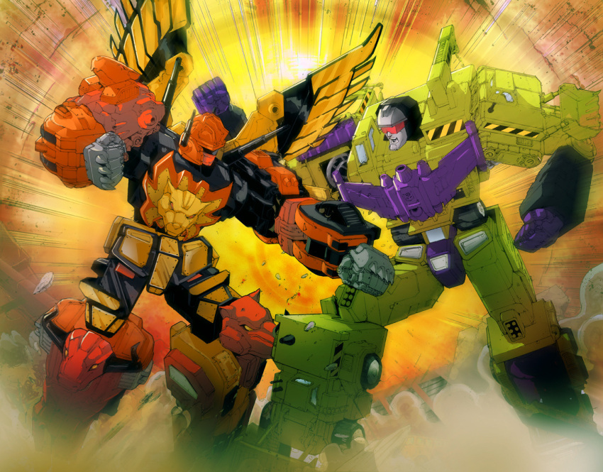 2boys, andrew_griffith, clenched_hands, decepticon, devastator_(transformers), dust, fighting, mecha