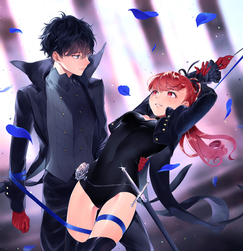 1boy, 1girl, absurdres, amamiya_ren, black_hair, blue_petals, chain, coattails, eyebrows_visible_through_hair, flower, glint, gloves, hair_between_eyes, highres, holding_another, jacket, kneehighs, leaning_back, leotard, looking_at_another, messy_hair, open_clothes, open_jacket, persona, persona_5, petals, pollitobr, ponytail, red_gloves, redhead, ribbon, saber_(weapon), sheath, sheathed, smile, sword, trench_coat, weapon, yoshizawa_kasumi