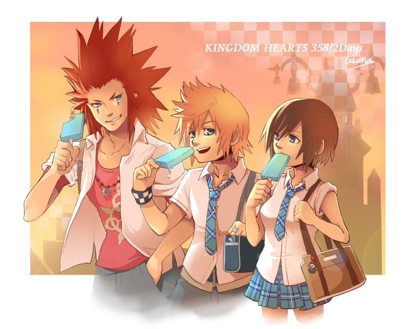 1girl, axel_(kingdom_hearts), black_hair, blonde_hair, blue_eyes, breasts, facial_mark, food, green_eyes, highres, ice_cream, kingdom_hearts, kingdom_hearts_358/2_days, lesuna, redhead, roxas, school_uniform, short_hair, skirt, smile, spiky_hair, xion_(kingdom_hearts)