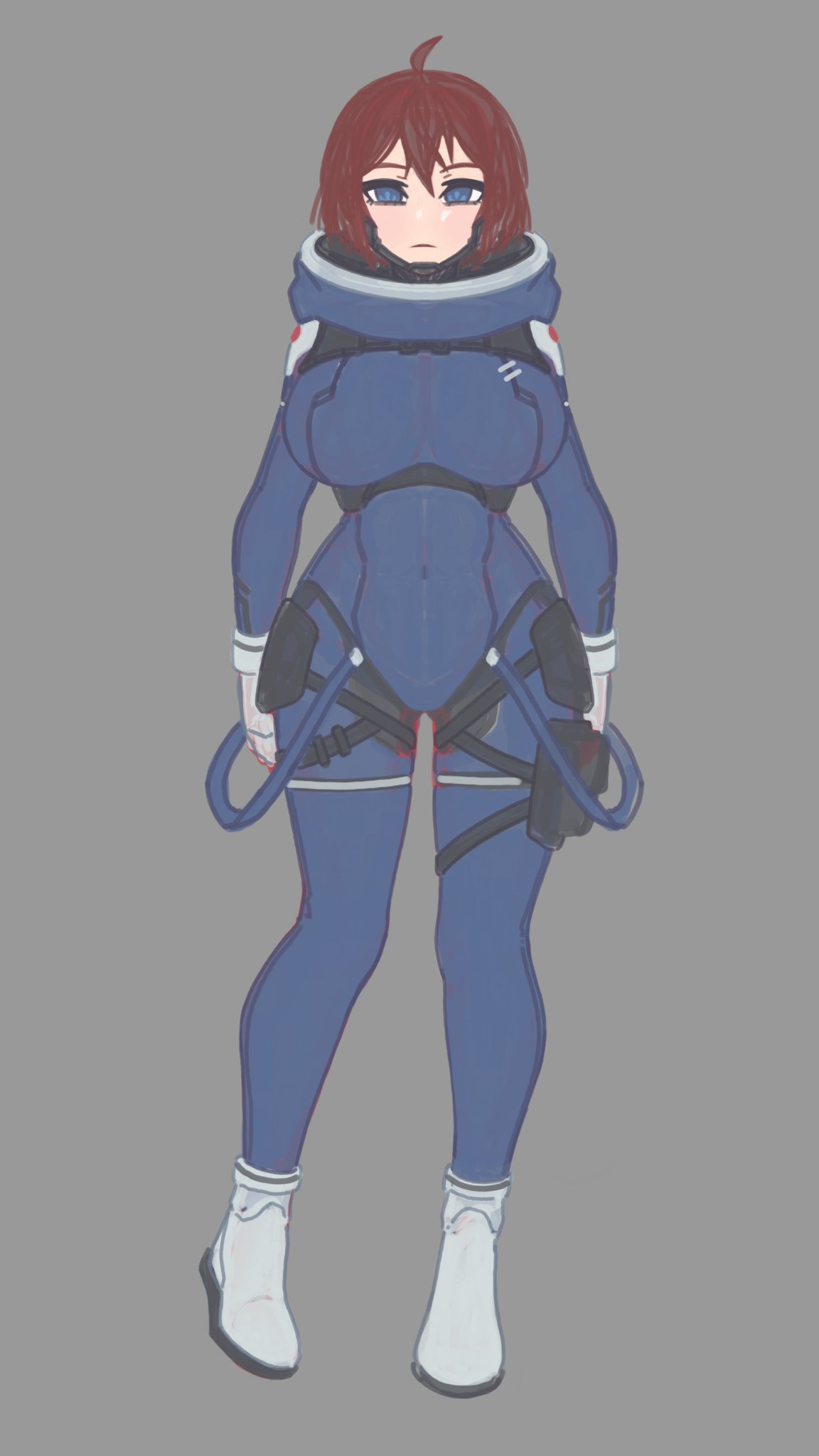 1girl, blue_eyes, bodysuit, breasts, brown_hair, brups_tv, covered_navel, cowlick, full_body, gloves, grey_background, grey_footwear, highres, large_breasts, looking_at_viewer, no_lineart, original, short_hair, sketch, solo, space_girl_(brups_tv), spacesuit, white_gloves