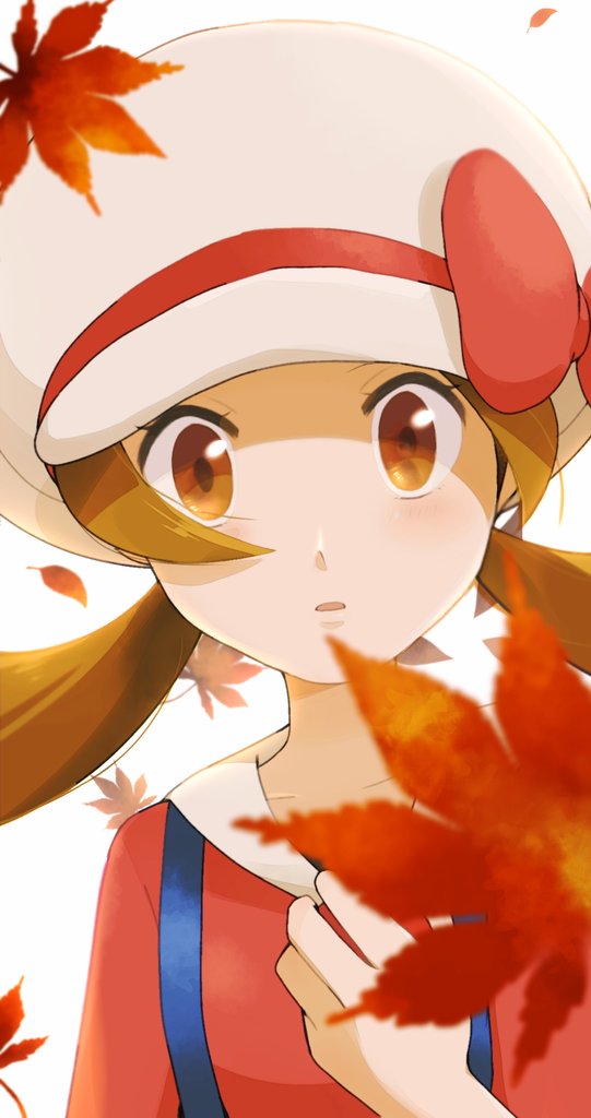 1girl, autumn_leaves, brown_eyes, brown_hair, collarbone, commentary_request, eyelashes, hand_up