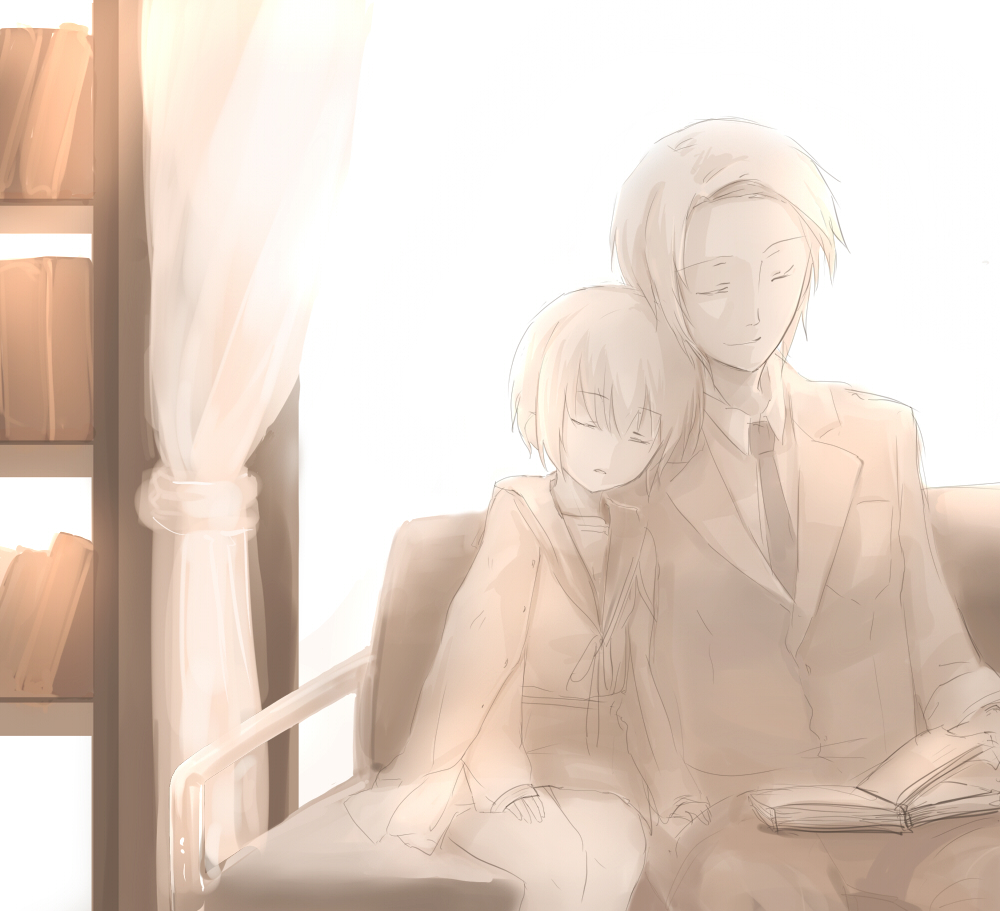 book, cardigan, couple, genderswap, height_difference, kunikida, kunikida_(female), school_uniform