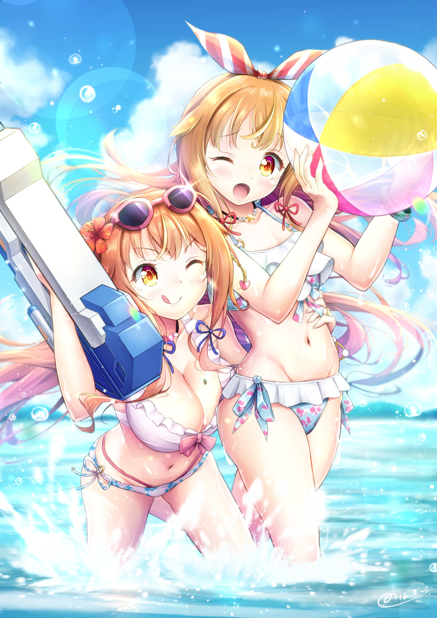 1boy, 1girl, age_difference, beachball, bikini, breasts, hair_ribbon, highres, holding_ball, holding_beachball, natsusora_aona, natsusora_wakana, navel, nobady, one_eye_closed, original, otoko_no_ko, ribbon, shota, siblings, sunglasses_on_head, swimsuit, swimwear, tongue, trap, twins, wink