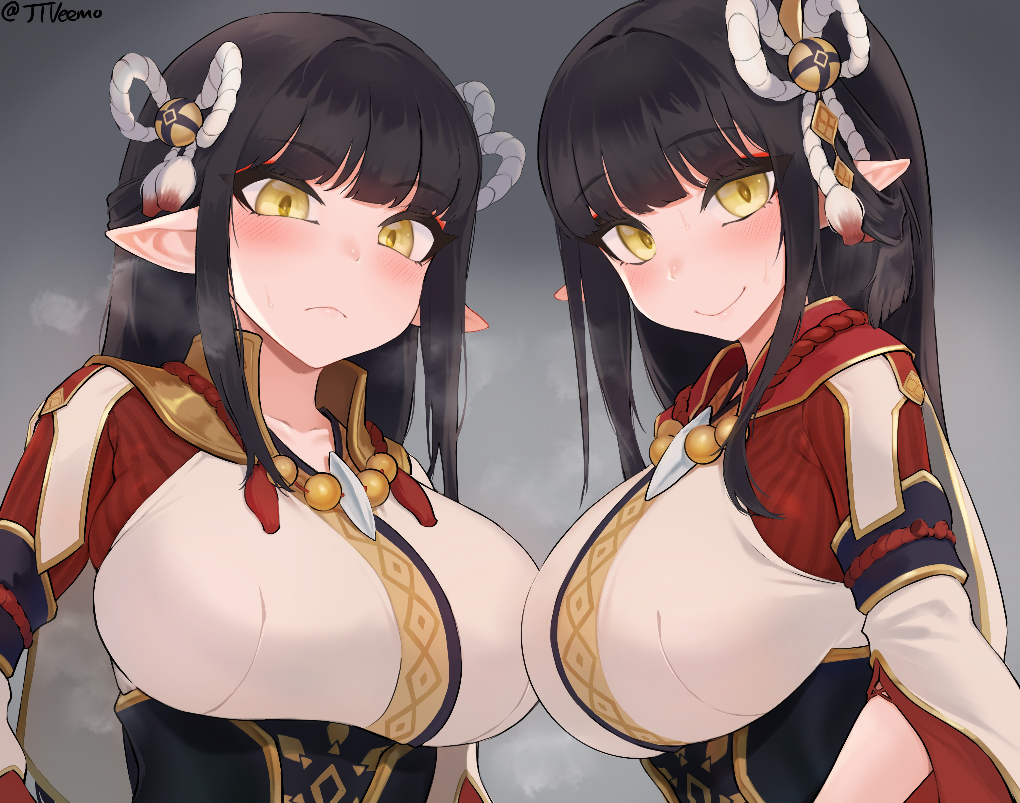 2girls, bangs, bell, black_hair, blunt_bangs, blush, breasts, closed_mouth