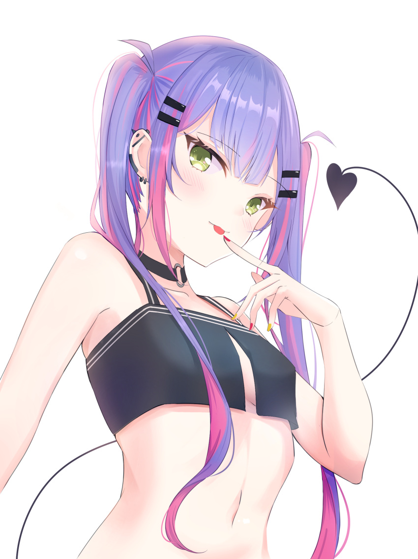 1girl, :p, bare_arms, bare_shoulders, black_tank_top, blush, colored_inner_hair, crop_top