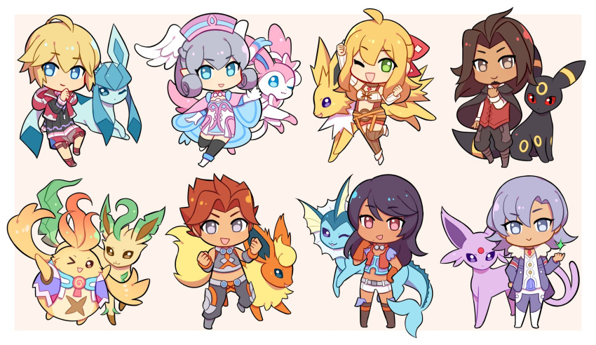 >_o, 2boys, 5boys, ;d, alvis_(xenoblade), beard, black_hair, blonde_hair