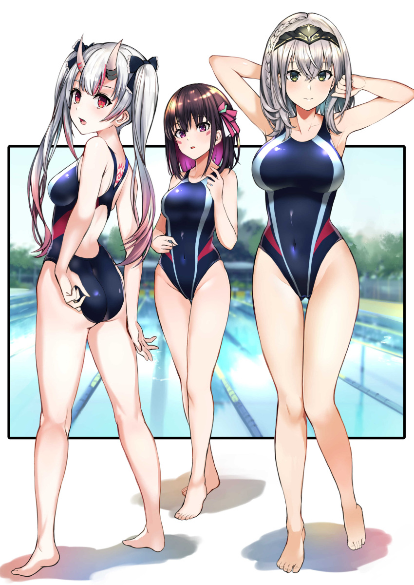 3girls, absurdres, adjusting_clothes, adjusting_swimsuit, arm_behind_head, armpits, ass, azki_(hololive)