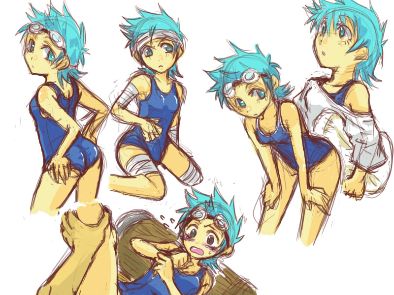 aqua_eyes, aqua_hair, bandages, franky, genderswap, goggles, mijinko_(83nabe), one-piece_swimsuit