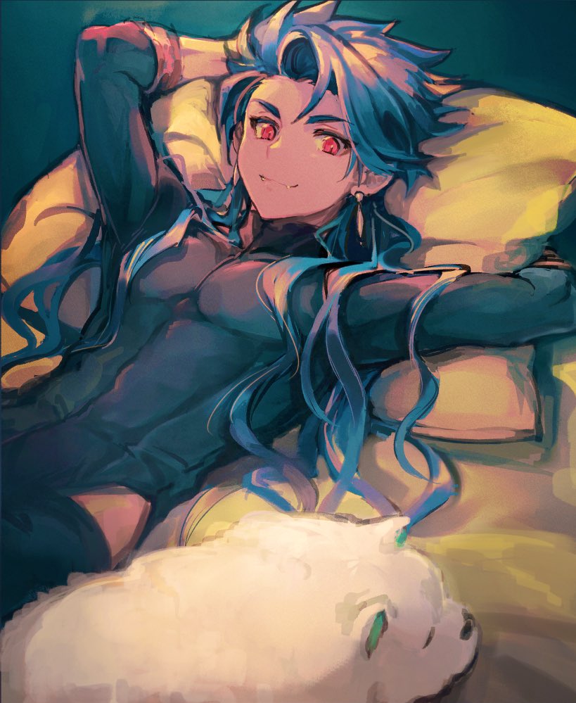 1boy, 1other, animal, asymmetrical_bangs, bangs, blue_hair, bodysuit, child