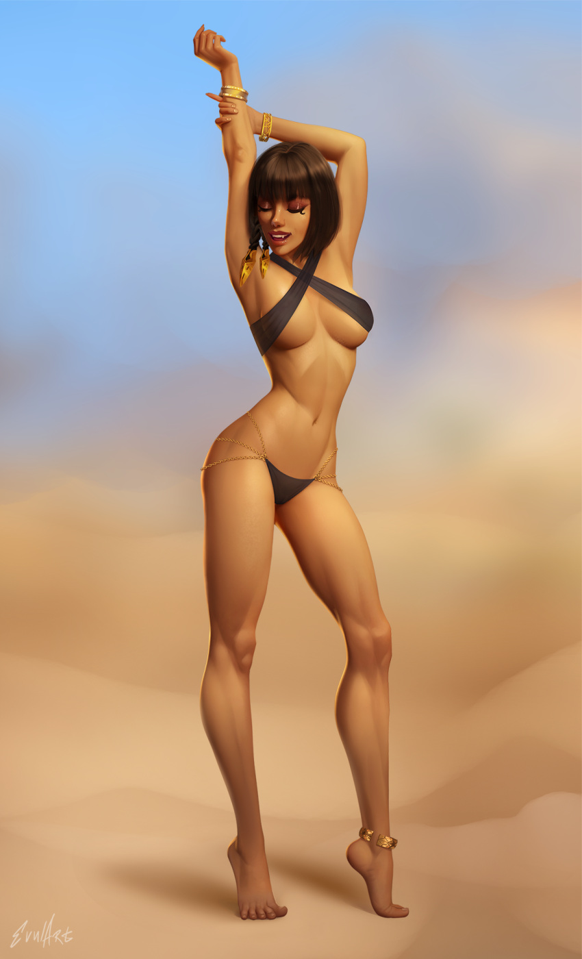 1girl, aisha_nejem, anklet, armpits, arms_up, belly, bob_cut, breasts