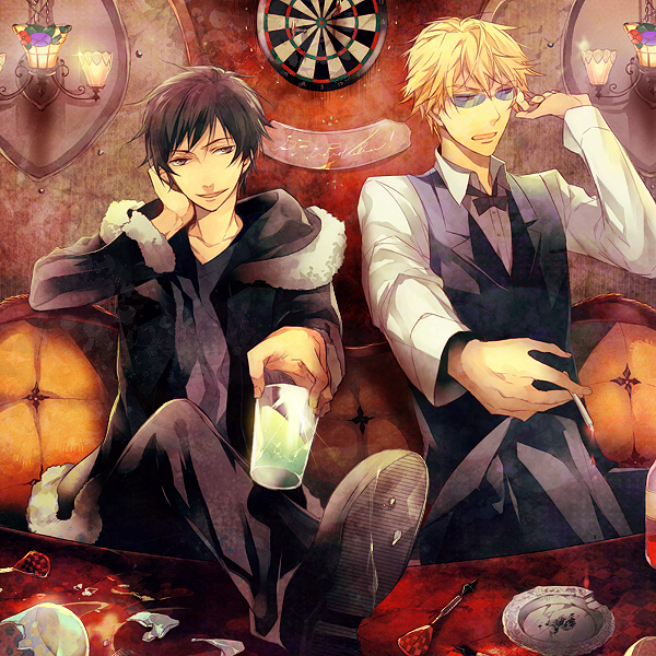 black_hair, cigarette, dartboard, durarara!!, futaba_hazuki, glass, glasses, heiwajima_shizuo