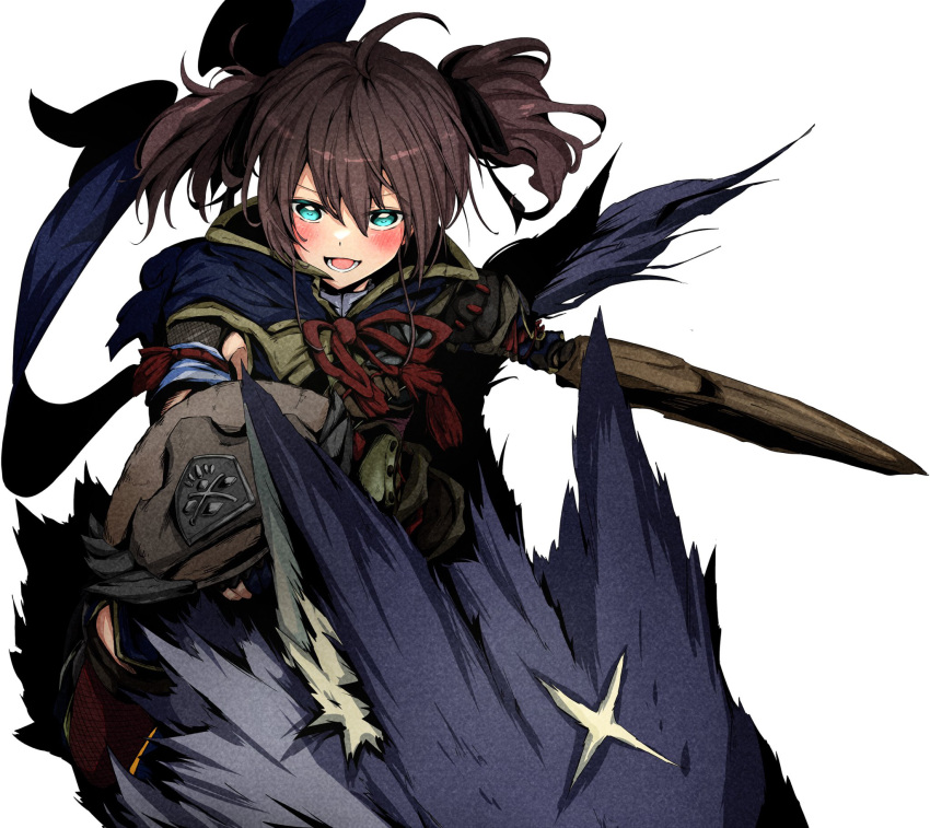 1girl, :d, ahoge, animal, aoi_rt0, armor, bangs, blue_cape, blue_eyes, blush, brown_hair, buckler, canyne, cape, dog, eyebrows_visible_through_hair, full_body, gloves, hair_between_eyes, highres, holding, holding_sword, holding_weapon, hololive, japanese_clothes, kamura_(armor), long_sleeves, looking_at_viewer, lower_teeth, monster_hunter_(series), monster_hunter_rise, natsuiro_matsuri, open_mouth, outstretched_arm, red_ribbon, ribbon, shield, short_hair, sidelocks, simple_background, smile, solo_focus, sword, tassel, thigh-highs, virtual_youtuber, weapon, white_background