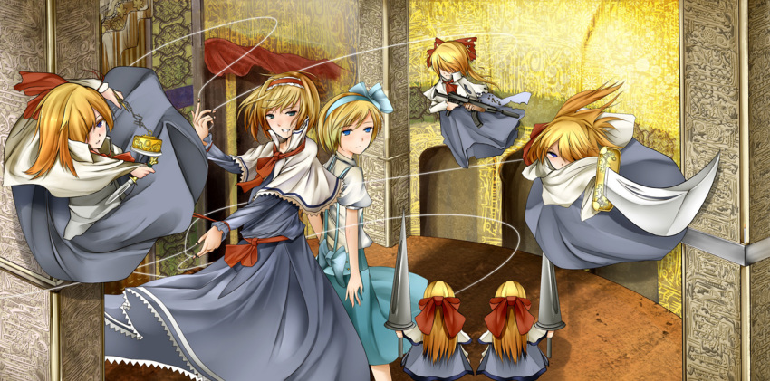 alice_margatroid, alice_margatroid_(pc-98), blonde_hair, bow, cover, doll, dual_persona, gun