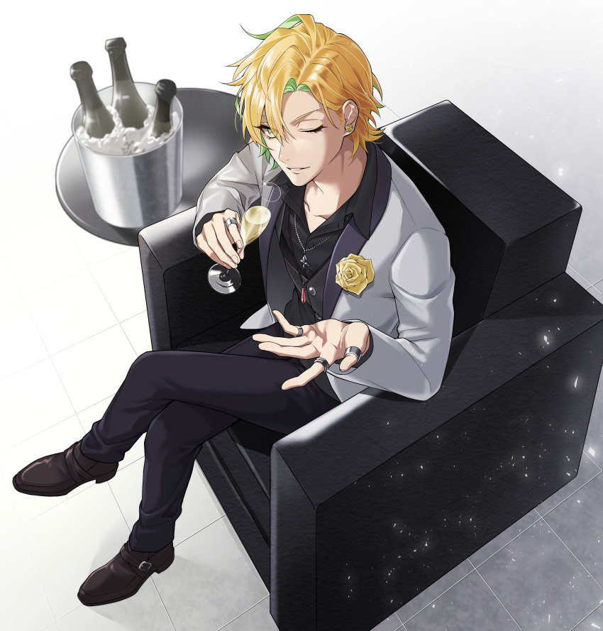 1boy, absurdres, alcohol, black_pants, black_shirt, blonde_hair, brown_footwear, bucket
