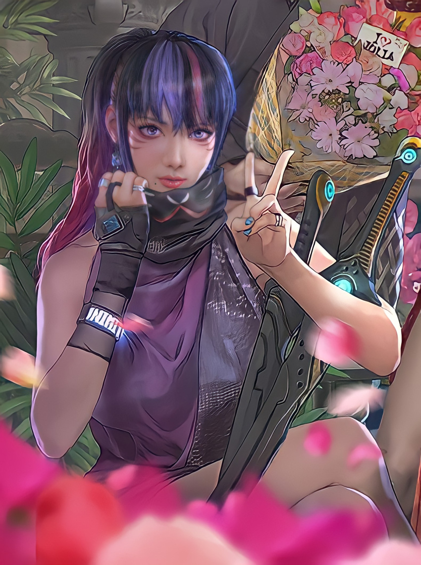 1girl, bangs, bare_shoulders, bouquet, breasts, eyebrows_visible_through_hair, eyelashes, eyeliner