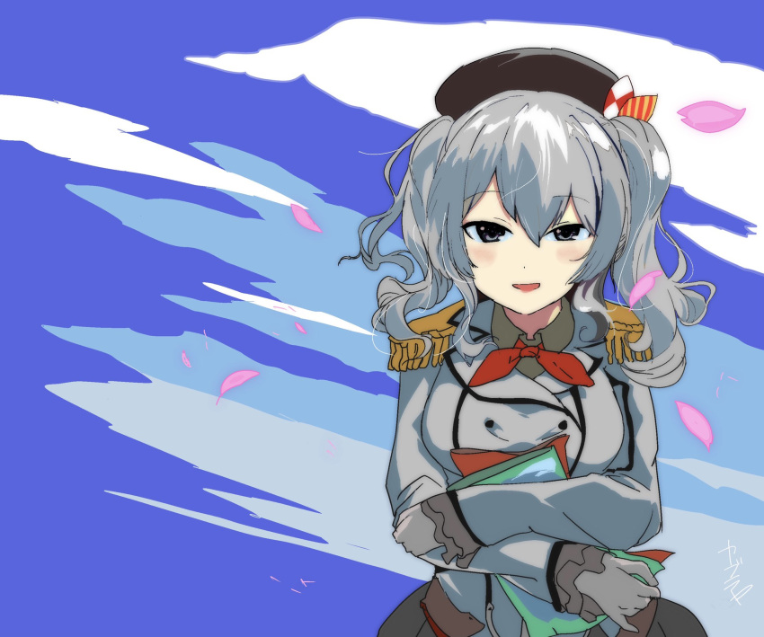1girl, beret, black_headwear, blue_eyes, commentary_request, epaulettes, frilled_sleeves, frills
