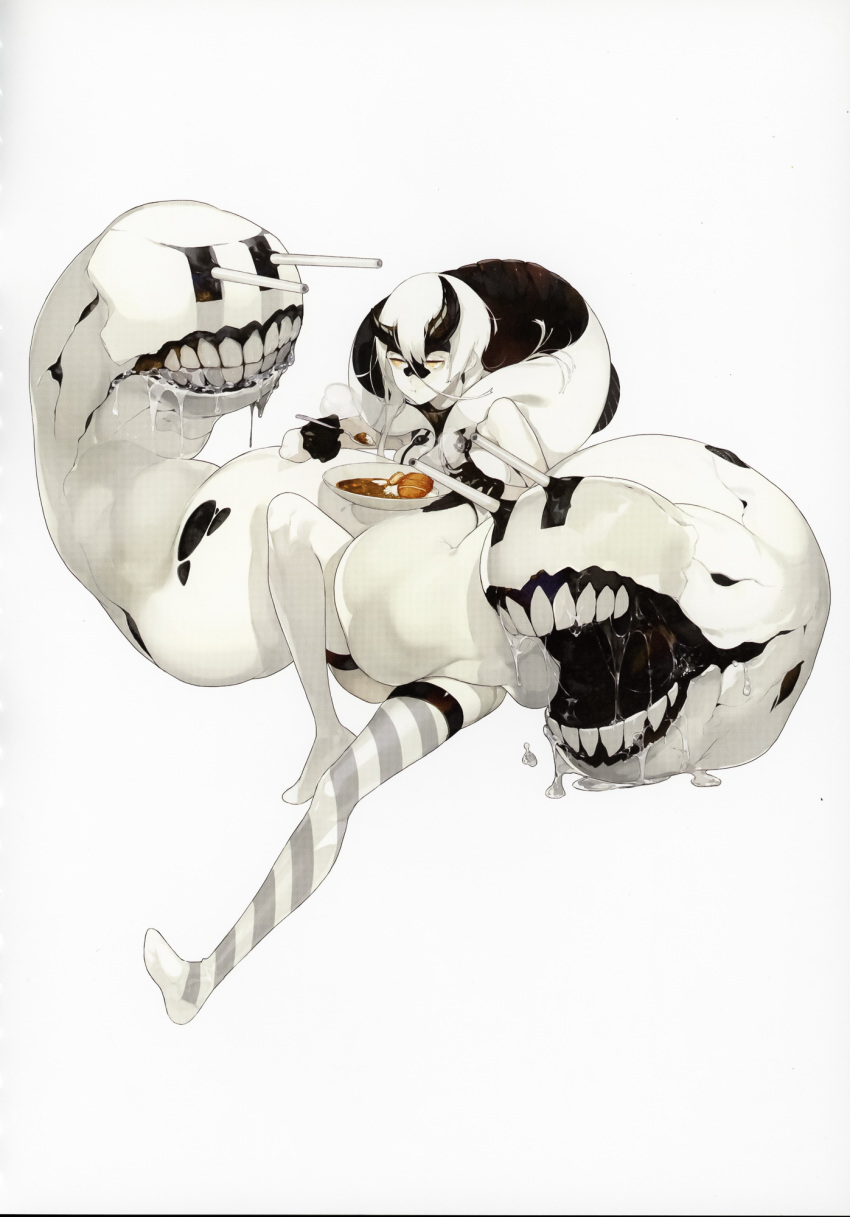 1girl, abyssal_ship, akira_(kadokawa), asymmetrical_horns, colored_skin, curry, eating, food