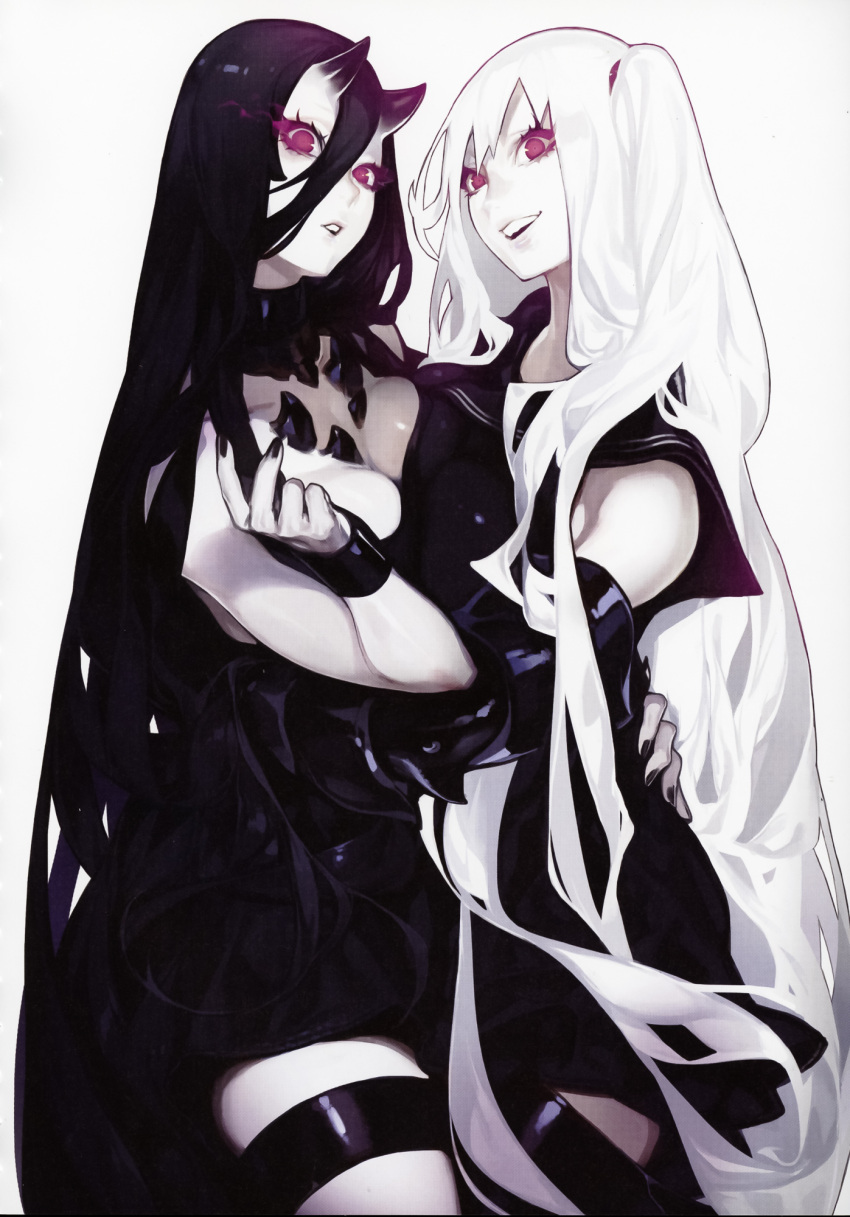 2girls, abyssal_ship, aircraft_carrier_oni, aircraft_carrier_princess, akira_(kadokawa), armored_boots, battleship_princess, black_dress, black_hair, boots, breast_press, breasts, colored_skin, cowboy_shot, dress, gauntlets, glowing, glowing_eyes, highres, horns, kantai_collection, large_breasts, lips, long_hair, looking_at_viewer, multiple_girls, official_art, one_side_up, oni_horns, pale_skin, red_eyes, sailor_dress, scan, scan_artifacts, short_dress, symmetrical_docking, very_long_hair, white_background, white_hair, white_skin