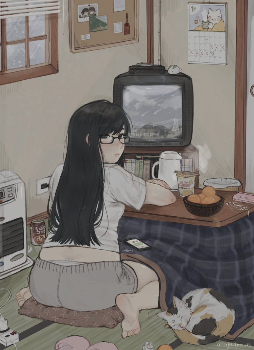 1girl, anajudraws, barefoot, black_hair, calendar_(object), cat, cushion, glasses
