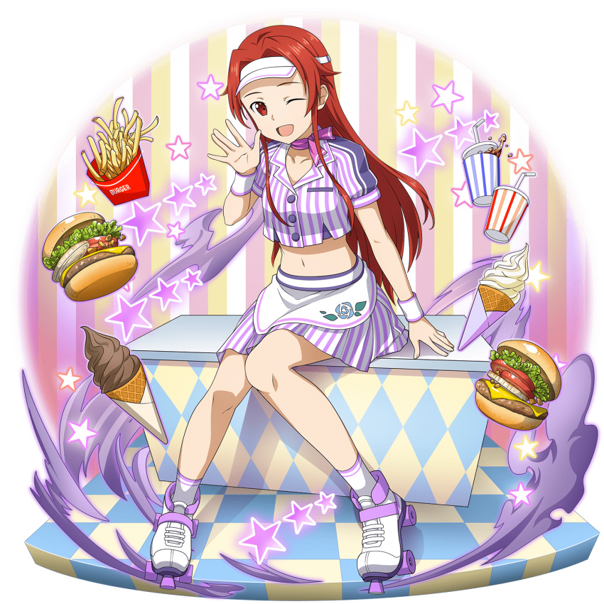 1girl, ;d, apron, collarbone, food, full_body, hair_intakes, hamburger