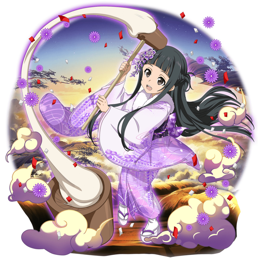 1girl, :d, bangs, black_eyes, black_hair, blunt_bangs, braid, floating_hair, floral_print, full_body, hair_ornament, hammer, highres, holding, holding_hammer, japanese_clothes, kimono, long_hair, long_sleeves, looking_up, official_art, open_mouth, print_kimono, purple_kimono, shiny, shiny_hair, smile, solo, standing, sword_art_online, sword_art_online:_memory_defrag, tabi, transparent_background, very_long_hair, white_legwear, wide_sleeves, yui_(sao), yukata
