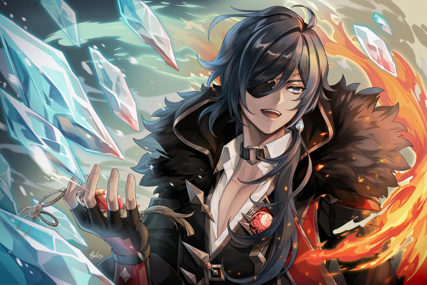 1boy, alternate_costume, alternate_element, artist_name, bell, black_coat, black_collar, black_gloves