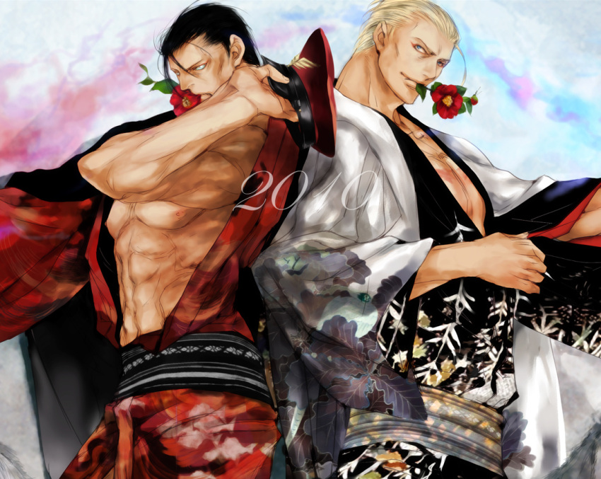 black_hair, blonde_hair, blue_eyes, capcom, flower, geese_howard, hat, hideaki
