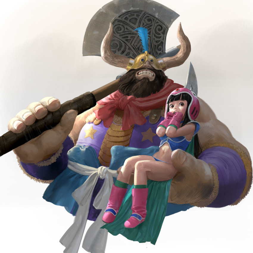 1boy, 1girl, axe, beard, boots, chi-chi_(dragon_ball), clothing_request, commentary