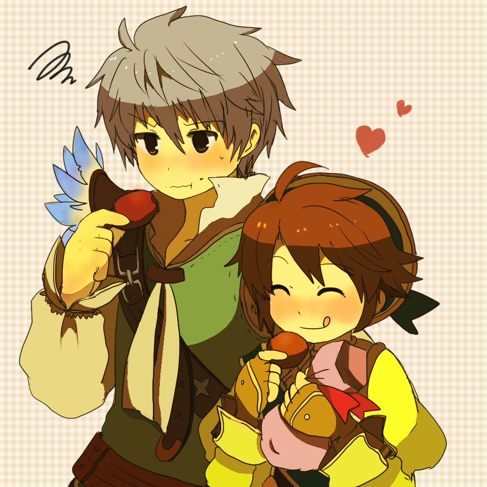 :p, ami, beat, beat_(trusty_bell), brown_hair, closed_eyes, grey_hair, hat