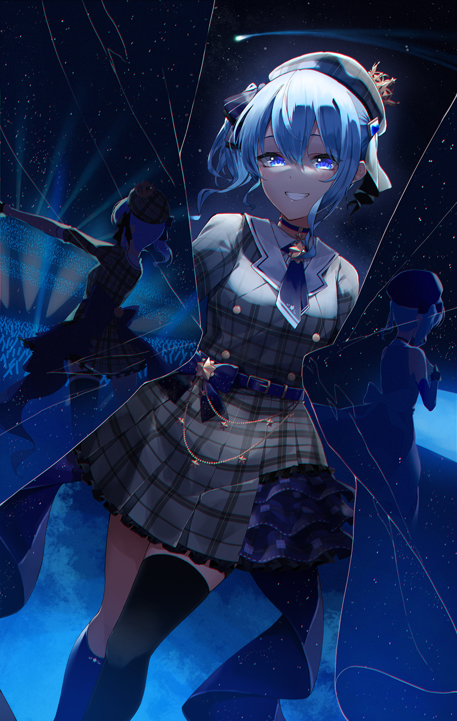 1girl, asymmetrical_legwear, back_bow, bangs, belt, beret, black_legwear, blue_belt
