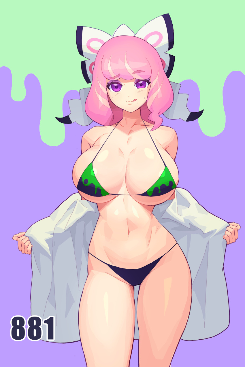 1girl, :q, absurdres, alternate_breast_size, bangs, bikini, bow, breasts