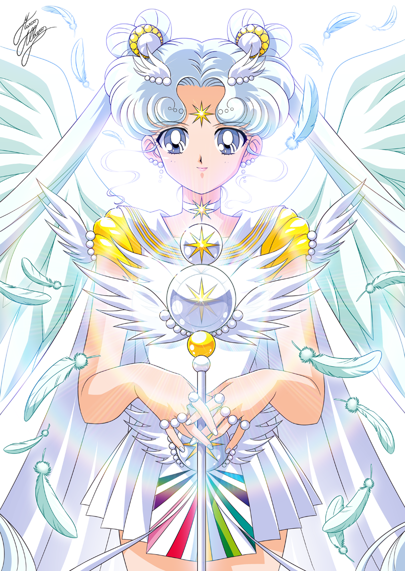 1girl, backlighting, bishoujo_senshi_sailor_moon, cape, choker, double_bun, facial_mark, feathers