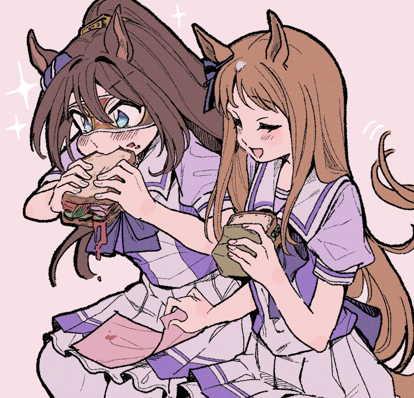 2girls, animal_ears, blue_eyes, brown_hair, dripping, eating, el_condor_pasa_(umamusume), food