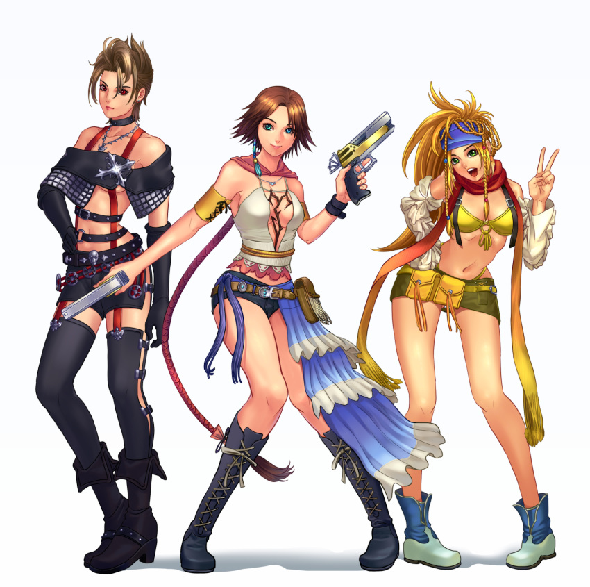 3girls, armband, bandana, bare_legs, beads, belt, belt_pouch, bikini