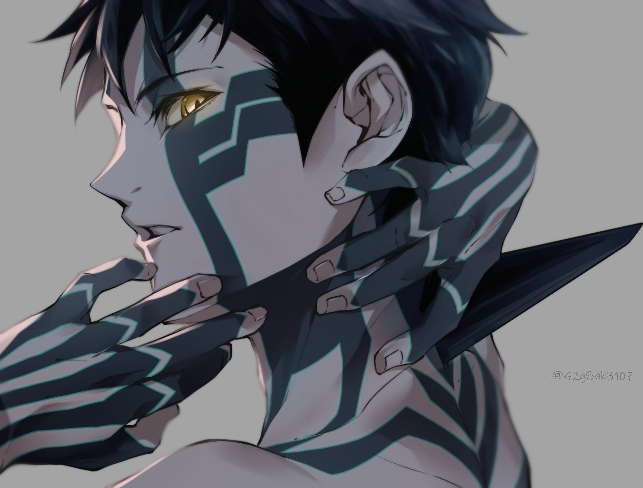 1boy, black_hair, full_body_tattoo, hitoshura, kiriko_(42g8ak3107), looking_at_viewer, male_focus, shin_megami_tensei, shin_megami_tensei_iii:_nocturne, shirtless, short_hair, simple_background, solo, tattoo, yellow_eyes