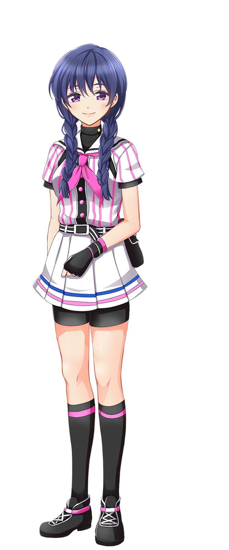 1girl, artist_request, belt, bike_shorts, black_footwear, black_legwear, blue_hair, braid