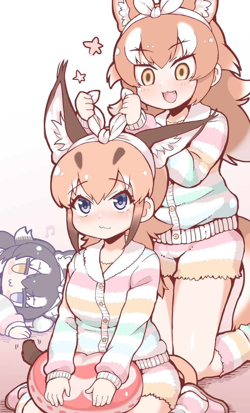 3girls, :3, absurdres, animal_ears, blue_eyes, blush, bow, caracal_(kemono_friends)