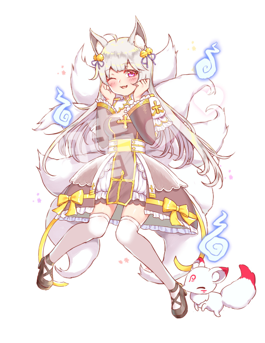 1girl, ;d, ahoge, animal, animal_ear_fluff, animal_ears, archbishop_(ragnarok_online), bell