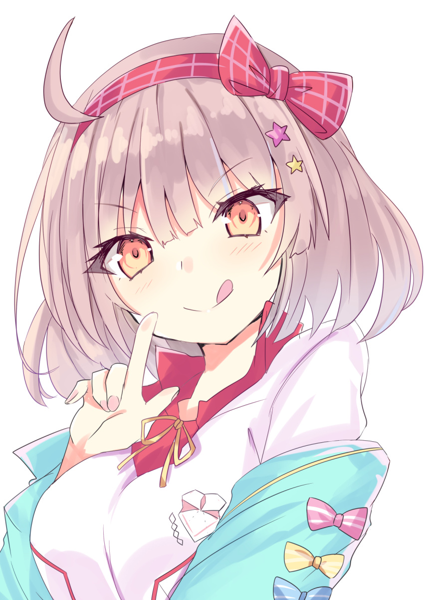 1girl, :q, ahoge, bangs, blue_jacket, blush, bow, breasts