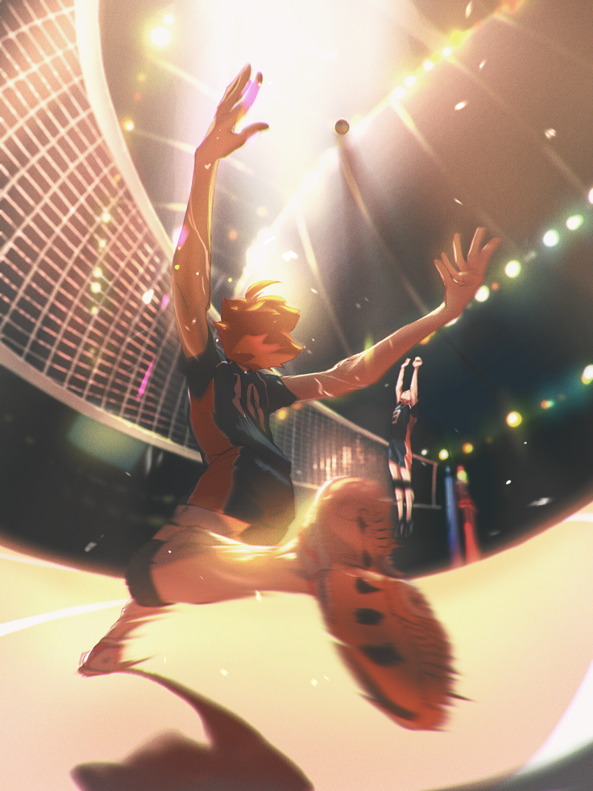 2boys, fisheye, from_behind, full_body, haikyuu!!, highres, hinata_shouyou, jumping, kageyama_tobio, male_focus, multiple_boys, orange_hair, re_it0, running, sportswear, volleyball, volleyball_net, volleyball_uniform