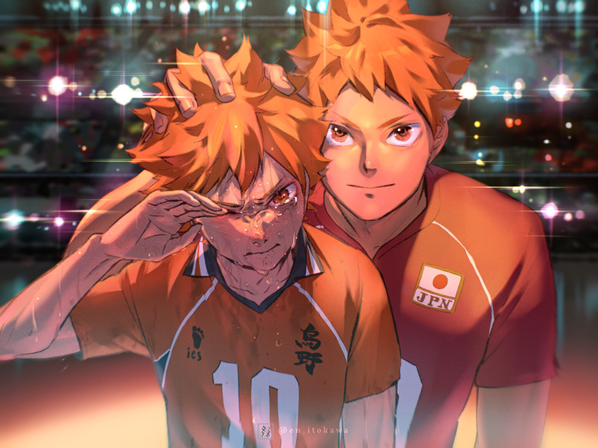 2boys, bangs, crying, dual_persona, haikyuu!!, hinata_shouyou, looking_at_viewer, male_focus