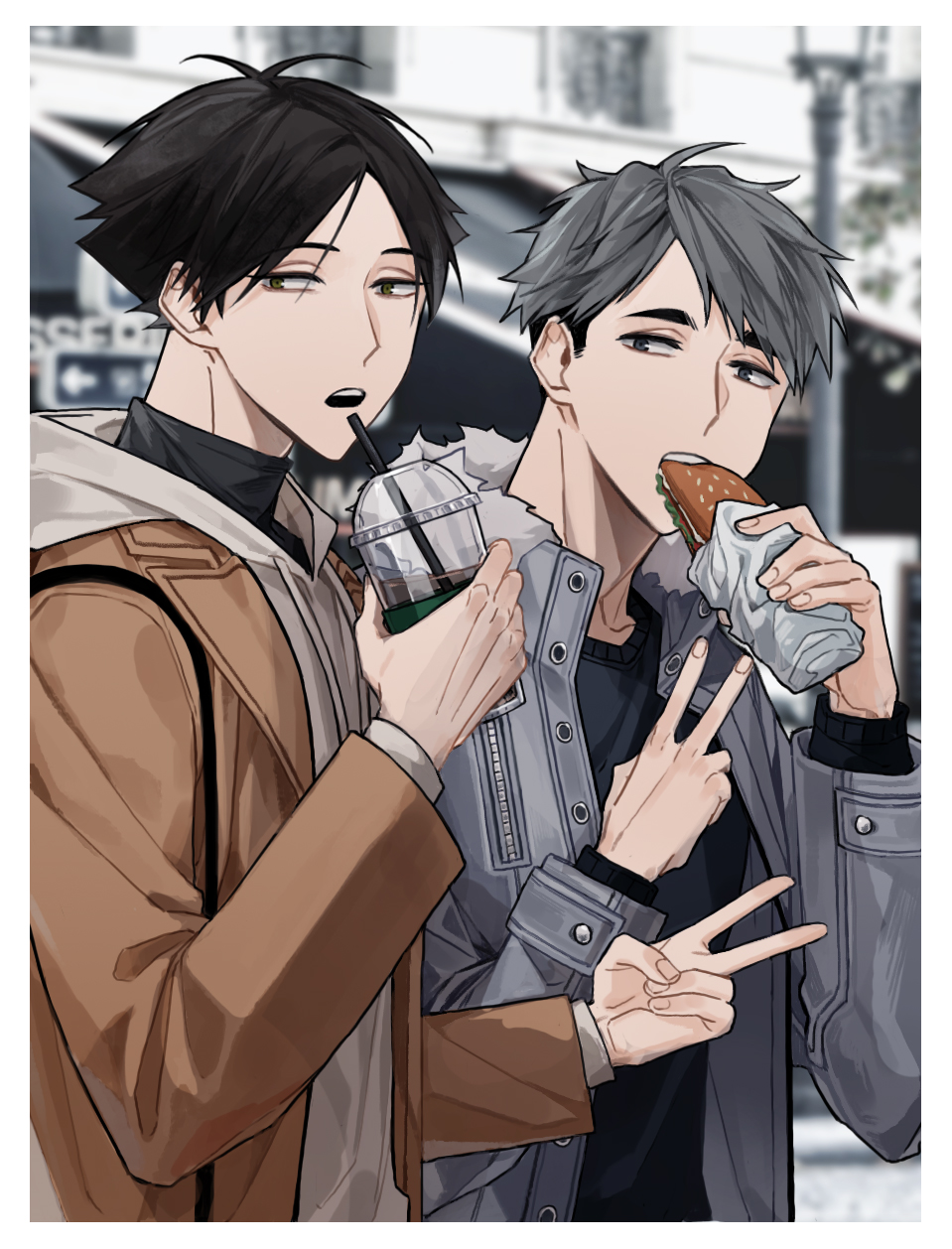 2boys, bangs, black_eyes, black_hair, blurry, border, cup, drinking_straw