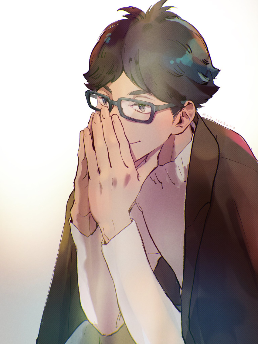 1boy, akaashi_keiji, bangs, black_hair, clothes_on_shoulders, covering_mouth, garter_straps, glasses, grey_eyes, haikyuu!!, highres, male_focus, older, re_it0, simple_background, solo, sweater