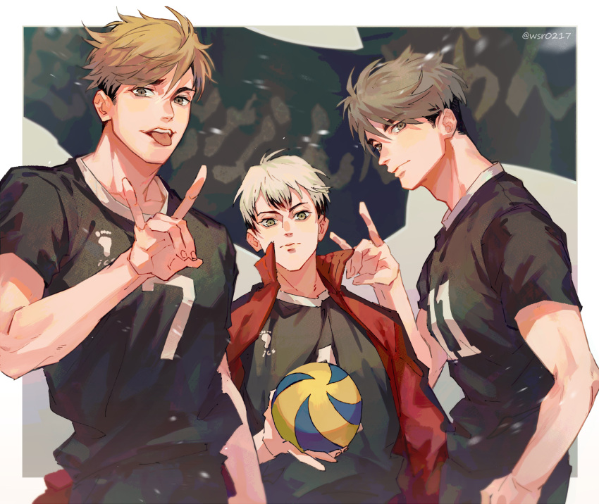 3boys, :p, ball, bangs, border, brown_eyes, brown_hair, fox_shadow_puppet