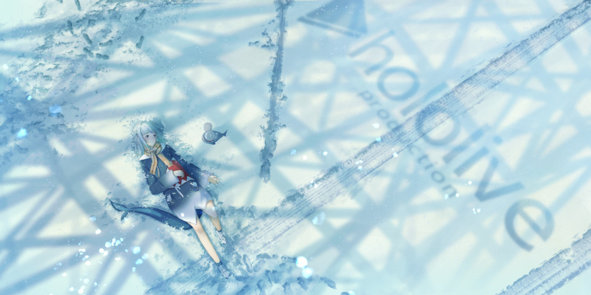 1girl, animal_costume, bangs, bloop_(gawr_gura), blue_eyes, blue_hair, blue_hoodie, blunt_bangs