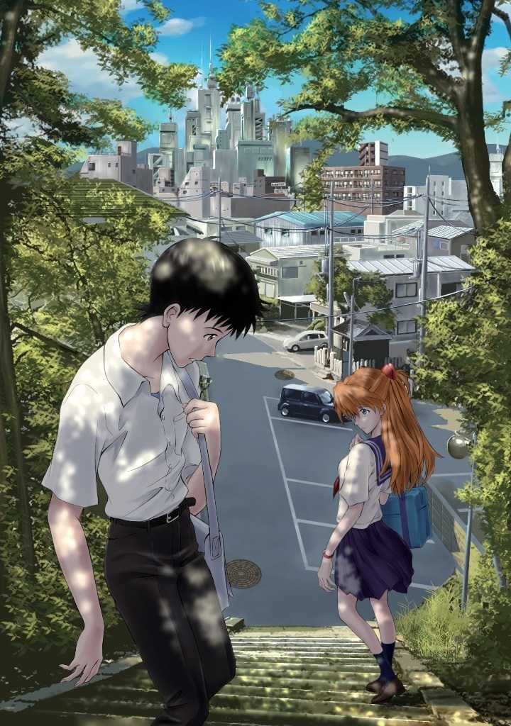 1boy, 1girl, bag, black_hair, black_legwear, crossover, handbag, ikari_shinji