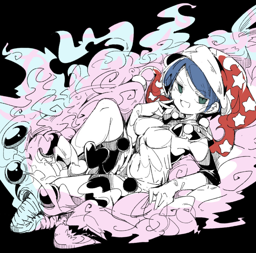 1girl, :3, :d, black_background, blue_eyes, blue_hair, breasts, doremy_sweet